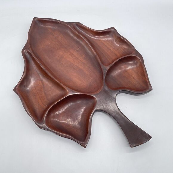 Vintage Solid Mahogany Leaf Tray Hand Carved Serving Dish Haiti Wood Platter 17” - Picture 5 of 10